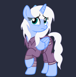 Size: 1132x1154 | Tagged: safe, artist:lominicinfinity, base used, oc, oc:frostdrop, species:alicorn, species:pony, blue background, clothing, female, jumpsuit, mare, simple background, solo