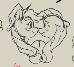 Size: 539x491 | Tagged: safe, artist:waackery, character:applejack, character:fluttershy, species:earth pony, species:pegasus, species:pony, ship:appleshy, applejack's hat, bust, clothing, cowboy hat, drawpile, female, hat, lesbian, monochrome, nuzzling, shipping, sketch
