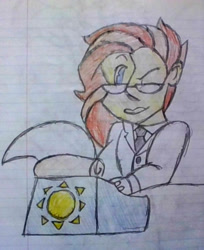 Size: 1000x1227 | Tagged: safe, artist:midday sun, oc, oc only, oc:midday sun, my little pony:equestria girls, clothing, glasses, gloves, lined paper, necktie, shirt, solo, traditional art, typewriter, typing, writing