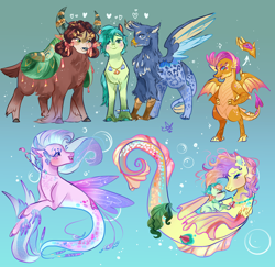 Size: 2060x2000 | Tagged: safe, artist:bunnari, character:gallus, character:sandbar, character:silverstream, character:smolder, character:yona, species:classical hippogriff, species:dragon, species:earth pony, species:griffon, species:hippogriff, species:pony, species:seapony (g4), species:yak, ship:gallbar, ship:yonabar, alternate design, bisexual, bow, cloven hooves, colored hooves, coral currents, dragoness, female, galyona, galyonabar, gay, hair bow, high tide (g4), jewelry, male, merpony, monkey swings, necklace, polyamory, shipping, story included, straight, student six, teenager, underwater, yona gets all the stallions