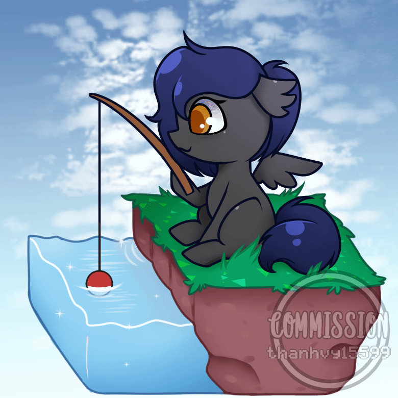Size: 780x780 | Tagged: safe, artist:thanhvy15599, oc, species:pegasus, species:pony, animated, blinking, commission, female, fishing rod, gif, mare, pegasus oc, sky background, solo, wings, ych animation, ych result
