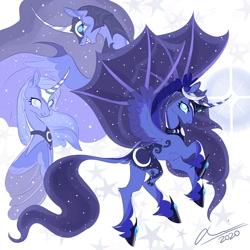 Size: 2000x2000 | Tagged: safe, artist:creeate97, character:nightmare moon, character:princess luna, species:alicorn, species:bat pony, species:pony, alternate design, bat pony alicorn, bat wings, curved horn, ethereal mane, female, galaxy mane, hoof shoes, horn, hybrid wings, jewelry, mare, regalia, s1 luna, solo, unshorn fetlocks, wings