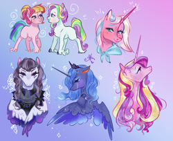 Size: 1694x1379 | Tagged: safe, artist:bunnari, character:clear sky, character:coconut cream, character:inky rose, character:princess cadance, character:princess luna, character:toola roola, species:alicorn, species:earth pony, species:pegasus, species:pony, species:unicorn, bust, crying, eye contact, female, filly, gradient background, heart, looking at each other, mare, portrait, smiling, unshorn fetlocks