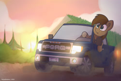 Size: 3000x2000 | Tagged: safe, artist:perezadotarts, derpibooru original, oc, oc only, species:pony, car, driving, dust, ford, ford f-150, ford f-150 raptor, ford raptor, forest, license plate, male, pickup truck, smiling, solo, text, truck, vehicle