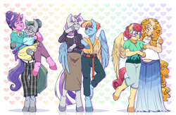 Size: 4000x2601 | Tagged: safe, artist:djkaskan, character:cloudy quartz, character:cookie crumbles, character:pear butter, character:posey shy, character:twilight velvet, character:windy whistles, species:anthro, species:earth pony, species:pegasus, species:pony, species:unguligrade anthro, species:unicorn, arm hooves, carrying, clothing, female, glasses, hug, mare, mom six, pants, pregnant, skirt, winghug