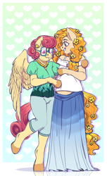 Size: 1580x2601 | Tagged: safe, artist:djkaskan, character:pear butter, character:posey shy, species:anthro, species:earth pony, species:pegasus, species:pony, species:unguligrade anthro, arm hooves, blouse, clothing, duo, female, flower, flower in hair, glasses, jewelry, mare, necklace, pregnant, skirt