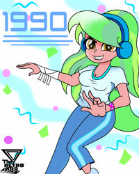 Size: 2000x2500 | Tagged: safe, artist:theretroart88, character:lemon zest, my little pony:equestria girls, '90s, bracelet, breasts, cleavage, clothing, female, headphones, jewelry, leggings, shirt, solo, t-shirt
