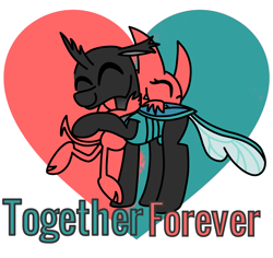 Size: 1286x1214 | Tagged: safe, artist:rainbowbacon, oc, oc:satina, oc:steel crescent, species:changeling, cute, demon, duality, duo, fangs, heart, heart background, horns, hug, love, satina wants a glass of water, shipping, text, young