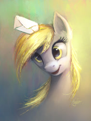 Size: 1050x1400 | Tagged: safe, artist:magfen, character:derpy hooves, species:pegasus, species:pony, bust, cute, derpabetes, epic derpy, female, happy, letter, mare, open mouth, portrait, signature, smiling, solo