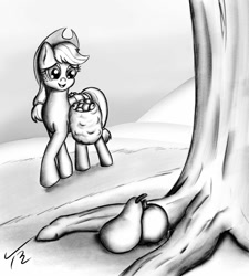 Size: 1024x1138 | Tagged: safe, alternate version, artist:tunrae, character:applejack, species:earth pony, species:pony, apple, bag, black and white, clothing, digital art, female, food, grayscale, hat, implied bright mac, implied pear butter, monochrome, pear, saddle bag, solo, tree, walking