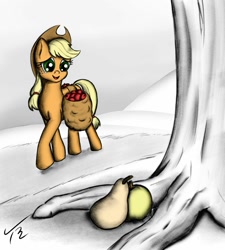 Size: 1024x1138 | Tagged: safe, alternate version, artist:tunrae, character:applejack, species:earth pony, species:pony, apple, bag, clothing, digital art, female, food, hat, implied bright mac, implied pear butter, pear, saddle bag, select colors, solo, tree, walking