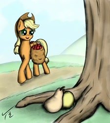 Size: 1024x1138 | Tagged: safe, alternate version, artist:tunrae, character:applejack, species:earth pony, species:pony, apple, bag, clothing, digital art, female, food, hat, implied bright mac, implied pear butter, pear, saddle bag, solo, tree, walking