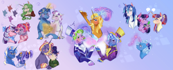 Size: 4899x2000 | Tagged: safe, artist:bunnari, idw, character:clover the clever, character:jack pot, character:moondancer, character:night light, character:shining armor, character:spike, character:sunflower spectacle, character:trixie, character:twilight sparkle, character:twilight velvet, character:twinkle twirl, oc, oc:candlelight, oc:comet spin, oc:lulanueva, oc:night owl, species:dragon, species:pony, species:unicorn, g4, big bucks, female, high res, magic, male, mare, stallion