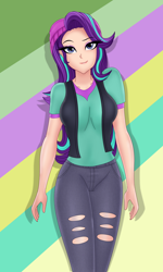 Size: 1276x2126 | Tagged: safe, artist:anonix123, character:starlight glimmer, equestria girls:mirror magic, g4, my little pony: equestria girls, my little pony:equestria girls, spoiler:eqg specials, beanie, clothing, female, hat, human coloration, looking at you, pants, smiling, solo