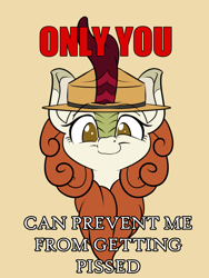 Size: 1200x1600 | Tagged: safe, artist:rocket-lawnchair, character:autumn blaze, species:kirin, clothing, female, hat, looking at you, no pupils, ponified, poster parody, smiling, smokey the bear, solo
