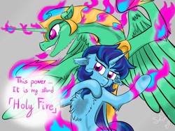 Size: 2000x1500 | Tagged: safe, artist:shinycyan, oc, oc:sapphie, oc:「holy fire」, species:alicorn, species:bat pony, species:pony, species:unicorn, bat pony alicorn, bat wings, bright colours, commission, fire, fluffy, horn, hybrid, jojo pose, jojo's bizarre adventure, stand, stand user, standing up, wings