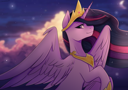 Size: 4093x2894 | Tagged: safe, artist:chickenbrony, character:twilight sparkle, character:twilight sparkle (alicorn), species:alicorn, species:pony, episode:the last problem, g4, my little pony: friendship is magic, cloud, crown, female, high res, horn, jewelry, mare, moon, older, older twilight, peytral, princess twilight 2.0, profile, regalia, sky, solo, stars, wings
