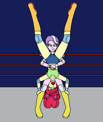 Size: 1792x2120 | Tagged: safe, artist:avispaneitor, character:apple bloom, character:diamond tiara, my little pony:equestria girls, boots, boxing ring, clothing, female, femdom, femsub, piledriver, shoes, shorts, smiling, sports, submissive, wrestling