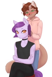 Size: 853x1280 | Tagged: safe, artist:pewas, oc, oc only, oc:avery, species:anthro, species:earth pony, species:pony, anthro oc, blushing, braid, choker, clothing, crossed arms, digital art, duo, ear piercing, earring, femboy, furry, furry oc, gay, heart, hoodie, jeans, jewelry, looking at you, male, oc x oc, pants, piercing, shipping, shirt, shy, simple background, stallion, tail, weasel, white background