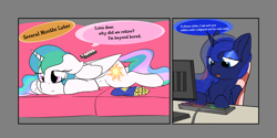 Size: 3610x1800 | Tagged: safe, artist:jubyskylines, character:princess celestia, character:princess luna, species:alicorn, species:pony, gamer luna, bored, chips, comic, computer, duo, food, lying down, remote control, retirement, royal sisters