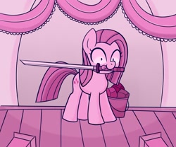 Size: 1800x1500 | Tagged: safe, artist:handgunboi, character:pinkamena diane pie, character:pinkie pie, species:pony, bucket, female, katana, mare, pink, rock, solo, stage light, sword, this will end in cupcakes, weapon