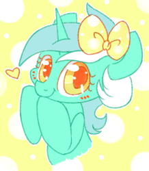 Size: 619x711 | Tagged: safe, artist:archego-art, character:lyra heartstrings, species:pony, species:unicorn, /mlp/, g4, 4chan, abstract background, bow, colored pupils, cute, drawthread, female, hair bow, heart, looking at you, lyrabetes, mare, simple background, smiling, solo, three quarter view