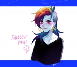 Size: 1410x1220 | Tagged: safe, artist:laochi777, character:rainbow dash, my little pony:equestria girls, alternate hairstyle, blouse, bust, cutie mark, ear piercing, earring, female, jewelry, piercing, solo, text
