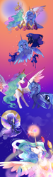 Size: 1200x4000 | Tagged: safe, artist:bunnari, character:nightmare moon, character:princess celestia, character:princess luna, species:alicorn, species:pony, comic, crown, crying, duo, element of generosity, element of honesty, element of kindness, element of laughter, element of loyalty, element of magic, elements of harmony, female, flying, jewelry, mare, moon, regalia, royal sisters, s1 luna, story included