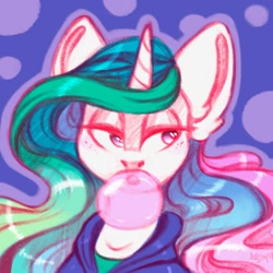 Size: 1024x1024 | Tagged: safe, artist:amishy, character:princess celestia, species:alicorn, species:pony, bubblegum, bust, clothing, female, food, gum, hoodie, lidded eyes, mare, portrait, solo