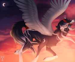 Size: 3000x2500 | Tagged: safe, artist:lastaimin, oc, oc only, oc:jax, species:pegasus, species:pony, colored wings, crescent moon, flying, high res, male, moon, smiling, solo, spread wings, stallion, twilight (astronomy), watermark, wings