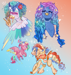 Size: 1428x1500 | Tagged: safe, artist:bunnari, oc, oc:bubble piñata, oc:jelly fishbowl, oc:lagoon lemonade, oc:polaris party, parent:pinkie pie, parent:princess skystar, parents:skypie, species:classical hippogriff, species:hippogriff, female, fledgeling, hybrid, interspecies offspring, magical lesbian spawn, male, offspring, shutter shades