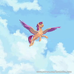 Size: 2000x2000 | Tagged: safe, artist:kirillk, character:scootaloo, species:pegasus, species:pony, clothing, colored wings, colored wingtips, female, flying, scootaloo can fly, sky, solo