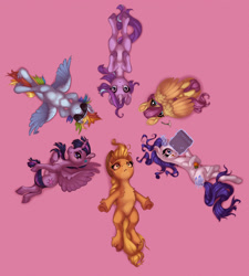 Size: 1800x2000 | Tagged: safe, artist:gor1ck, character:applejack, character:fluttershy, character:rainbow dash, character:rarity, character:starlight glimmer, character:twilight sparkle, character:twilight sparkle (alicorn), species:alicorn, species:earth pony, species:pegasus, species:pony, species:unicorn, carrot, chest fluff, ear piercing, food, on back, piercing, pink background, simple background, sunglasses