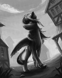 Size: 1380x1721 | Tagged: safe, artist:nemo2d, character:rainbow dash, species:pegasus, species:pony, fanfic:salvation, fanfic art, female, grayscale, mare, monochrome, ponyville, solo, spread wings, windswept mane, wings