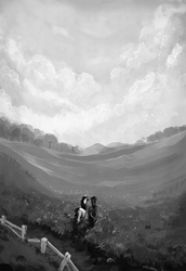 Size: 1450x2110 | Tagged: safe, artist:nemo2d, character:rainbow dash, character:rarity, species:pegasus, species:pony, species:unicorn, fanfic:salvation, duo, fanfic art, female, field, grayscale, mare, monochrome, scenery