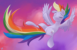 Size: 5100x3300 | Tagged: safe, artist:sirpayne, character:rainbow dash, species:pegasus, species:pony, eyes closed, falling, female, mare, signature, sky, solo, spread wings, underhoof, wings