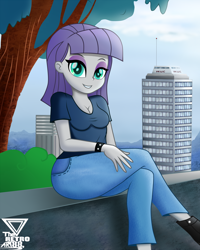 Size: 2000x2500 | Tagged: safe, artist:theretroart88, character:maud pie, my little pony:equestria girls, breasts, busty maud pie, city, cityscape, cleavage, clothing, crossed legs, cute, female, jeans, maudabetes, pants, skyscraper, smiling, solo, tree, when she smiles