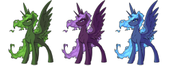 Size: 3136x1211 | Tagged: safe, artist:kalemon, species:alicorn, species:pony, fallout equestria, artificial alicorn, blue alicorn (fo:e), ethereal mane, green alicorn (fo:e), purple alicorn (fo:e), simple background, spread wings, transparent background, wings