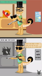 Size: 1385x2524 | Tagged: safe, artist:wheatley r.h., derpibooru original, oc, oc:myoozik the dragon, species:changeling, species:dragon, species:earth pony, species:pony, 2 panel comic, bank, black and white, clothing, comic, cutie mark, cutie mark on clothes, dialogue, dragon oc, female, food, glasses, grayscale, gun, hat, kevin (changeling), male, mane, mare, monochrome, movie reference, pepper, poster, red eyes, salt, shotgun, speech bubble, sunglasses, they live, top hat, watermark, weapon