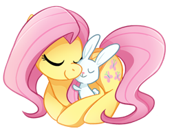 Size: 480x367 | Tagged: safe, artist:tsurime, character:angel bunny, character:fluttershy, species:pegasus, species:pony, species:rabbit, angelbetes, animal, cuddling, cute, duo, eyes closed, female, hug, mare, prone, shyabetes, simple background, transparent background