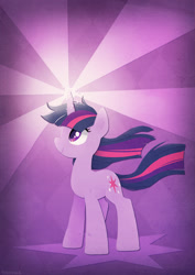 Size: 496x701 | Tagged: safe, artist:tsurime, character:twilight sparkle, character:twilight sparkle (unicorn), species:pony, species:unicorn, crepuscular rays, cute, female, glowing horn, horn, magic, mare, profile, purple background, simple background, smiling, solo, standing, twiabetes, windswept mane