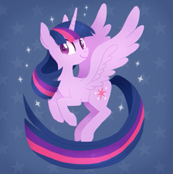 Size: 591x595 | Tagged: safe, artist:tsurime, character:twilight sparkle, character:twilight sparkle (alicorn), species:alicorn, species:pony, blue background, cute, female, flying, long tail, mare, simple background, smiling, solo, spread wings, starry eyes, stars, twiabetes, wingding eyes, wings