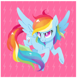 Size: 409x411 | Tagged: safe, artist:tsurime, character:rainbow dash, species:pegasus, species:pony, cutie mark eyes, female, flying, mare, pink background, simple background, smiling, solo, spread wings, unshorn fetlocks, wingding eyes, wings