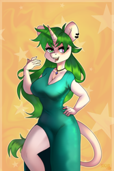 Size: 2000x3000 | Tagged: safe, artist:sugarstar, rcf community, oc, oc only, oc:sugarstar, species:anthro, species:pony, species:unicorn, bedroom eyes, big breasts, breasts, clothing, curvy, dress, ear piercing, earring, fangs, female, hand on hip, heterochromia, horn, jewelry, leonine tail, looking at you, mare, necklace, one leg raised, open mouth, piercing, simple background, smiling, solo, standing