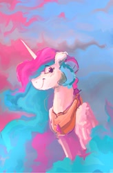 Size: 1344x2048 | Tagged: safe, artist:thefloatingtree, character:princess celestia, species:alicorn, species:pony, female, looking back, mare, sitting, smiling, solo, style emulation
