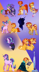 Size: 2172x4000 | Tagged: safe, artist:bunnari, character:fire flare, character:firelight, character:starlight glimmer, character:stellar flare, character:stormy flare, character:sunburst, character:sunset shimmer, oc, oc:gloomy spirit, species:pony, species:unicorn, baby, baby pony, book, brother and sister, colt, colt sunburst, crying, equal cutie mark, facial hair, female, filly, filly starlight glimmer, filly sunset shimmer, foal, gay, goatee, headcanon, magic, male, male oc, mare, mirror, s5 starlight, siblings, silhouette, stallion, sunny siblings, younger