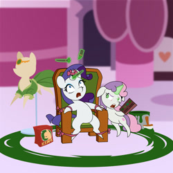 Size: 600x600 | Tagged: safe, artist:gor1ck, character:rarity, character:sweetie belle, species:pony, species:unicorn, belle sisters, bound, bow, clothing, dress, female, filly, green, hair dye, horn, horn bow, lipstick, makeup brush, mare, mascara, paint, paintbrush, pointy hooves, ponyquin, ribbon, siblings, sisters, sitting, terrified, tied up, torture