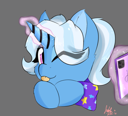 Size: 2598x2362 | Tagged: safe, artist:jubyskylines, gameloft, character:trixie, species:pony, species:unicorn, babysitter trixie, female, gameloft interpretation, phone, solo, tongue out