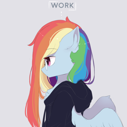 Size: 1000x1000 | Tagged: safe, artist:heddopen, character:rainbow dash, species:pegasus, species:pony, chest fluff, clothing, ear fluff, female, glasses, gray background, hoodie, long mane, profile, semi-anthro, simple background, solo, wings