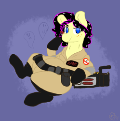 Size: 1352x1358 | Tagged: safe, artist:somefrigginnerd, oc, oc only, oc:sunnie bun, species:earth pony, species:pony, belt, chubby, commission, cute, earth pony oc, female, ghostbusters, ghoststuffers, looking at you, mare, on back, proton pack, simple background, solo